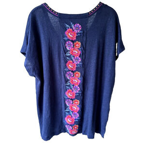 Tommy Bahama Top 100% Linen Knit Top Navy Floral Embroidery V-Neck Cap Sleeve XL